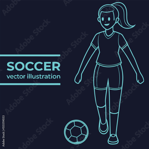 Female Soccer Player Illustration in Neon Blue Outline Style Featuring a Woman with a Ponytail and a Soccer Ball on a Dark Blue Background
