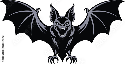 Black Bat Silhouette Icon with Spread Wings – Halloween Vector Design