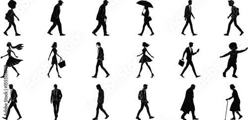 Vector art of silhouettes of various people walking isolated on transparent background