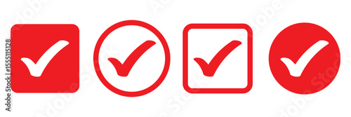 Red check mark icon. Verified badge, verification symbol set. Check mark illustration on white background. Red check mark icon and Approved, Accept icon. vector illustration
