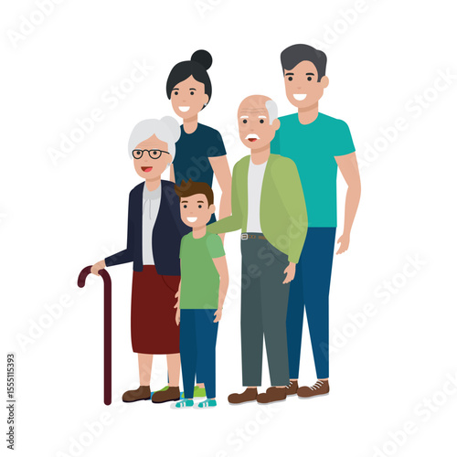 Set of happy traditional heterosexual families with children. Smiling mother, father and kids. Cute cartoon characters isolated on white background. Colorful vector illustration in flat style.