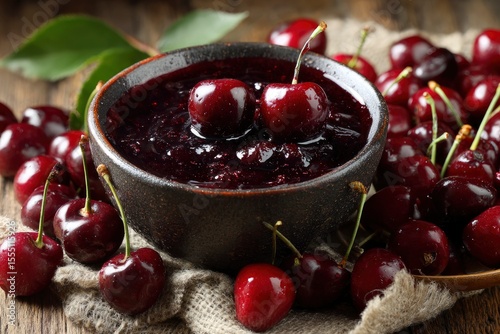 Dark cherry jam in a black bowl surrounded by fresh cherries on a burlap cloth and wood surface