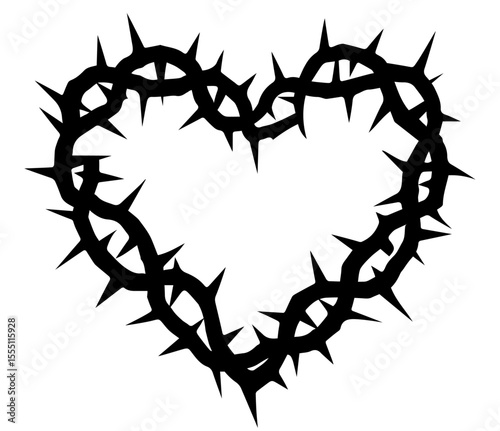 Heart shape made of thorny crown, symbolizing pain in love, heartbreak, emotional suffering, sacrifice, martyrdom, or religious symbolism