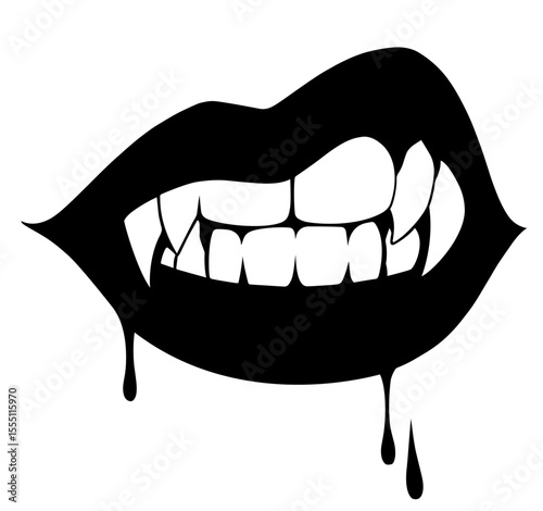 Vampire Bite Silhouette with Fangs and Blood Drips – Dark Gothic Mouth, Seduction, Horror, Fantasy, Halloween, Supernatural Creatures – Scary Party Designs, Horror Stories, Erotic Gothic Themes