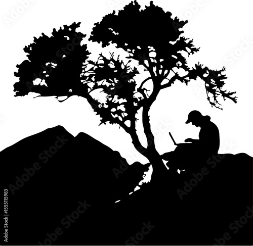 silhouette of msn under a tree in the park working laptop