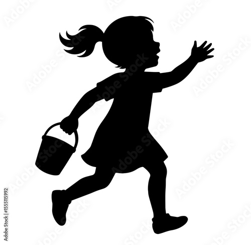 Silhouette of Little Girl Running with Bucket in Hand 