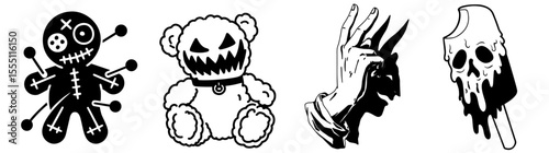 Creepy Voodoo Doll, Evil Teddy Bear, Skull Ice Cream and Gothic Hand Sign – Horror, Halloween, Occult, Dark Humor and Alternative Subculture, Emo, Punk and Dark Aesthetic Art