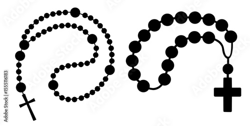 Silhouette of Christian Prayer Rosaries with Crosses – Religious, Faith, Spiritual Devotion, Meditation, and Worship Object Used in Catholic and Orthodox Christian Traditions