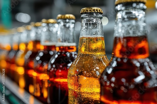 Close-up of glass beer bottles on production line in brewery facility