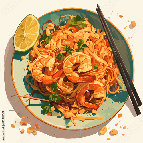 Shrimp Pad Thai Noodles with Peanuts and Lime