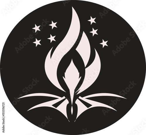 Stylized bonfire with stars in a black circle t-shirt design illustration