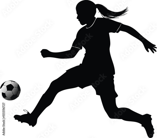 Silhouette of a Female Soccer Player Kicking a Ball with Power and Precision Isolated on White Background Demonstrating Athleticism and Skill in the Beautiful Game