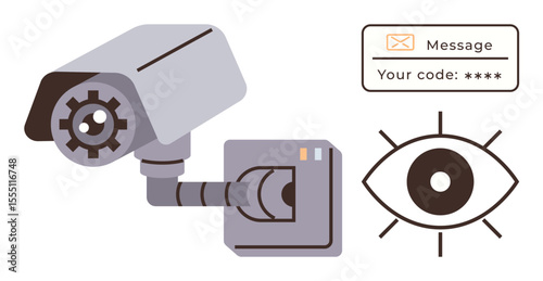 CCTV camera, secured access code message, and eye graphic representing vigilance, privacy, monitoring, cybersecurity, protection, control, and data security in a simple flat metaphor