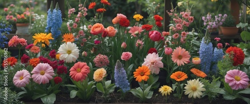 Colorful garden bed with a variety of flowers including daisies, tulips, and hyacinths, creating a vibrant and lively floral display.