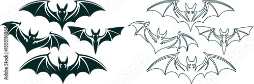 Flying Bat Silhouette and Outline Set for Halloween Designs