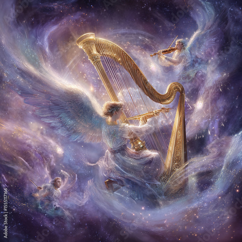 Angels in a cosmic dreamscape. Evokes peace and serenity. Ideal for spiritual themes, music promotions, holiday greetings, and fantasy art projects.