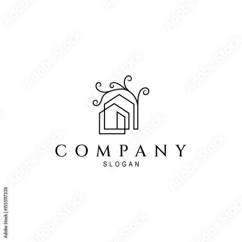 abstract house logo with natural tree in line art