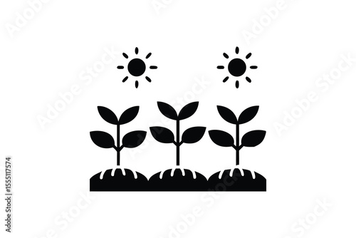 Three healthy seedlings thriving under the sun, minimalist black and white icon, representing growth, agriculture, sustainability, and eco-friendly farming practices, perfect for website banners and e