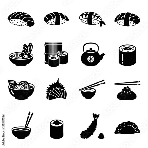 A graphic set of black silhouette icons depicts various Japanese food items like sushi, ramen, and tempura, distinguished by peculiar and often inaccurate labels. Vector Icon Set