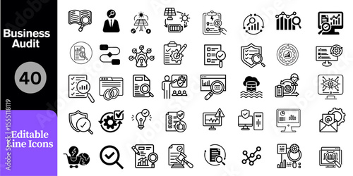 Business Audit Line Icons – Editable Vector Set for Financial Review, Compliance, and Data Analysis