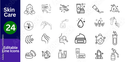 Skin Care Line Icons – Editable Vector Set for Beauty, Cosmetic, and Facial Treatment Design