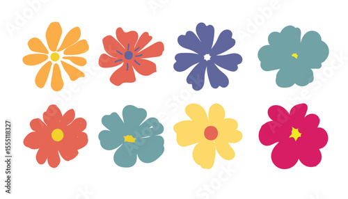 Collection of twelve colorful simple flat design flowers in various shapes and colors.