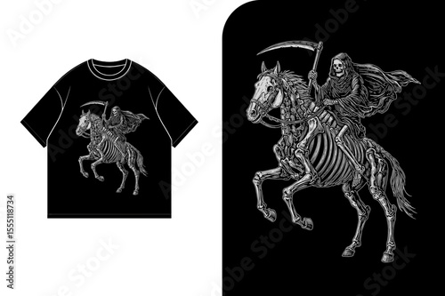 Black t-shirt design featuring Grim Reaper on skeletal horse, graphic illustration.