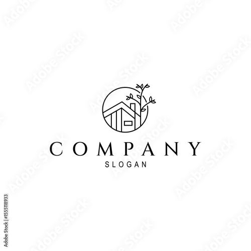 house logo with tree in circle frame line art design style