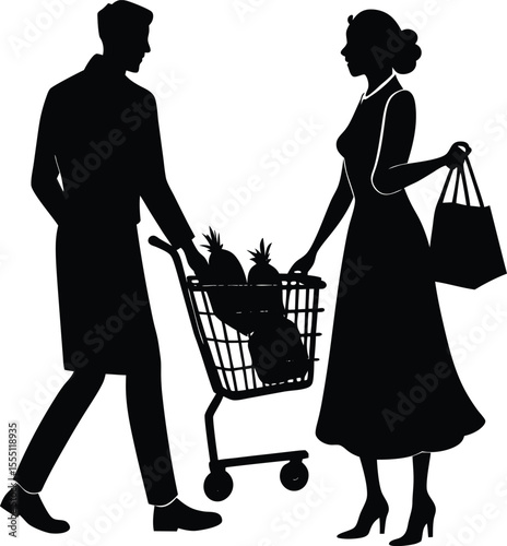 couple grocery shopping together silhouette