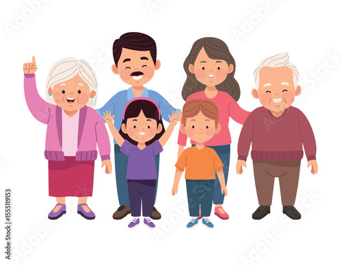 Set of happy traditional heterosexual families with children. Smiling mother, father and kids. Cute cartoon characters isolated on white background. Colorful vector illustration in flat style.