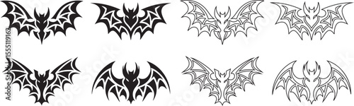 Flying Bat Silhouette and Outline Set for Halloween Designs
