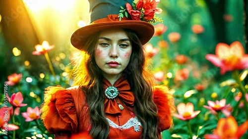 Beautiful and strange girl in an old-fashioned costume and top hat. Alice in Wonderland