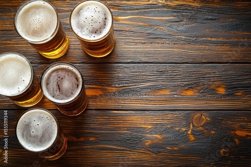Top view of five frothy glasses of craft beer on rustic wooden table with empty space, ideal for brewery promotions, bar menus, Oktoberfest, or beverage ads