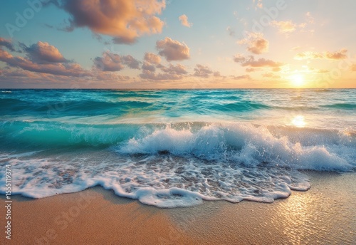 Golden sunrise over turquoise ocean waves crashing gently on sandy shore, perfect for travel ads, summer posters, and peaceful nature-themed designs