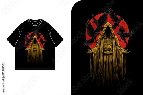 Graphic illustration of a hooded figure surrounded by ravens against a red moon, depicted on a black t-shirt and as a standalone design.