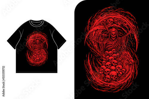 A black t-shirt displaying a red grim reaper design surrounded by skulls, next to a detailed illustration of the same design.