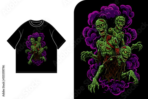Graphic design of a black t-shirt featuring three zombie figures emerging from purple smoke.