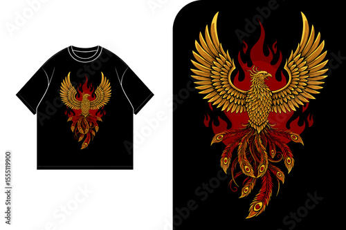 Graphic design of a phoenix on a black t-shirt, featuring intricate details and fiery flames.