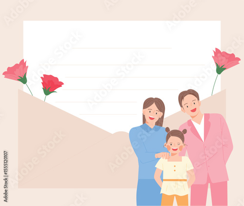Set of happy traditional heterosexual families with children. Smiling mother, father and kids. Cute cartoon characters isolated on white background. Colorful vector illustration in flat style.