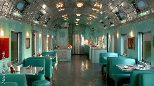 Diner scene vintage train car interior design retro environment wide angle view nostalgic ambiance