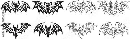 Flying Bat Silhouette and Outline Set for Halloween Designs