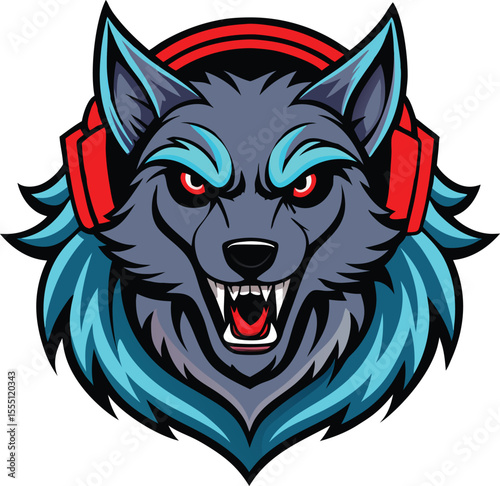 fierce cyber wolf with headphone mascot logo 