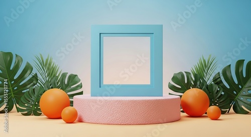 Turquoise frame on pink pedestal with orange spheres and tropical leaves on blue gradient background