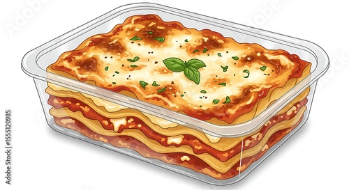 Cartoon sealed plastic tray with cooked lasagna, visible layers of pasta, sauce, cheese, and herbs, glossy and highly detailed, vibrant colors, white background.

