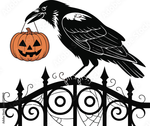 A black crow carrying a jack o lantern pumpkin on a spooky halloween fence