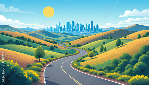 Digital Illustration of Curvy Winding Road Through Rolling Hills with Urban Skyline, Trees, and Sunlit Sky