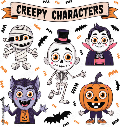 Adorable cartoon characters featuring mummy vampire skeleton pumpkin and bats for halloween design