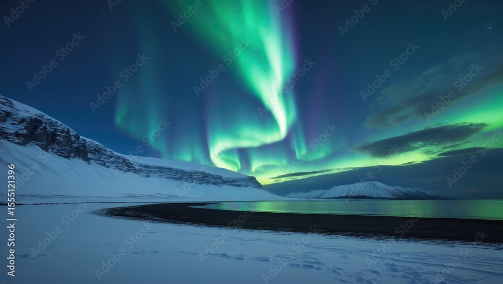 Naklejka premium Aurora Borealis over snow-covered landscape with mountains, night sky, and reflections in water. Natural phenomenon, Arctic, and winter scenery.