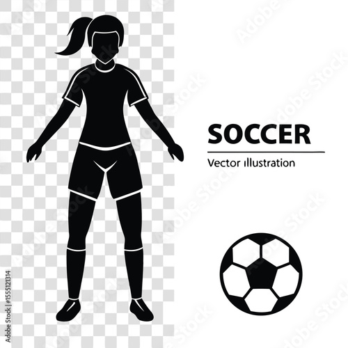Black Silhouette of a Female Soccer Player with a Ponytail and a Soccer Ball on a Transparent Background Vector Illustration