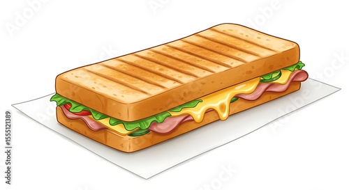 Cartoon paper wrap holding a grilled panini sandwich, toasted bread with melted cheese and visible fillings, highly detailed, vibrant, clean white background.

